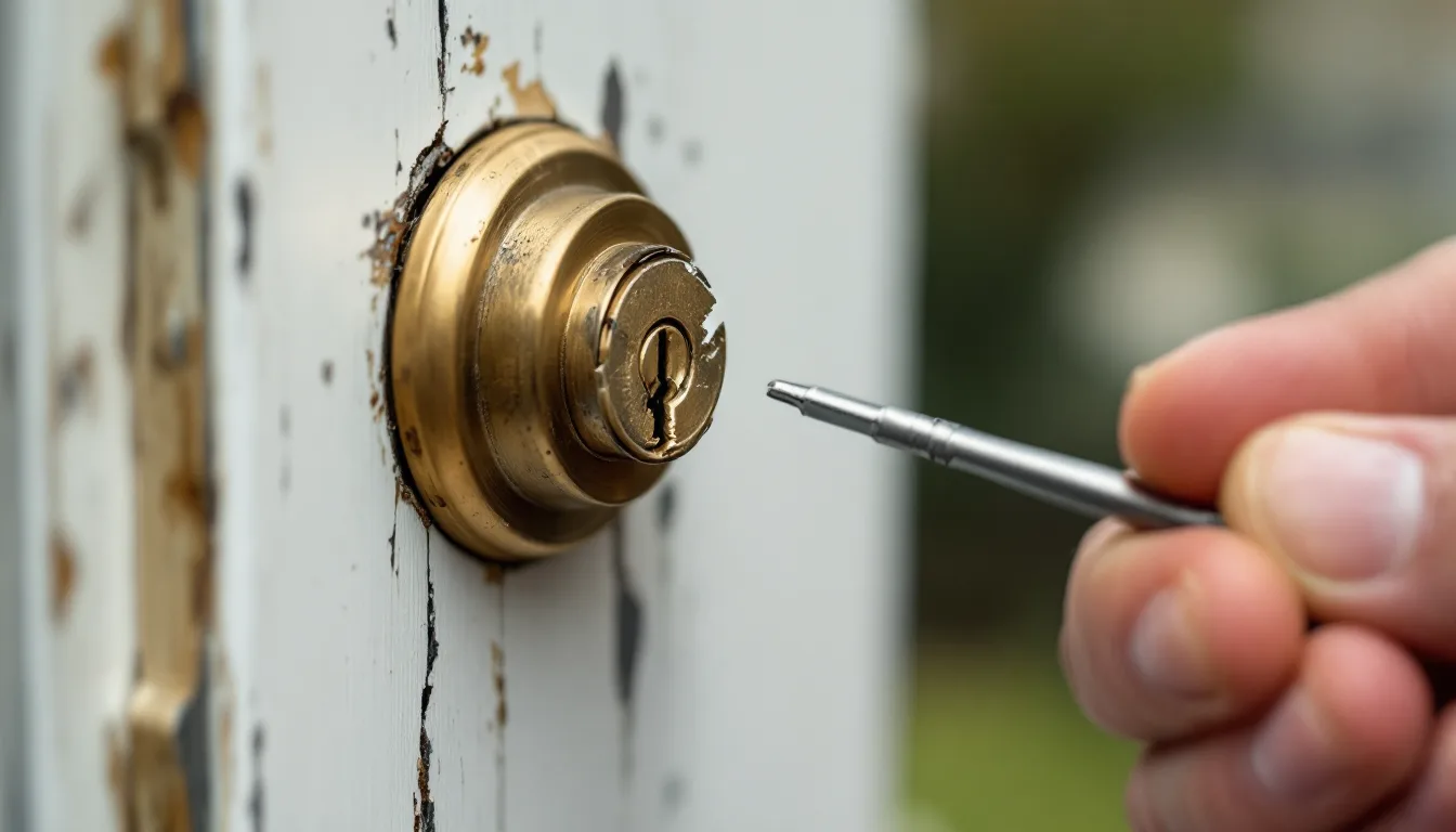Snapped key half protruding from a deadbolt with extractor tools ready