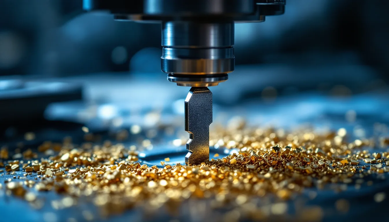 Fresh-cut car key blade in a key cutting machine