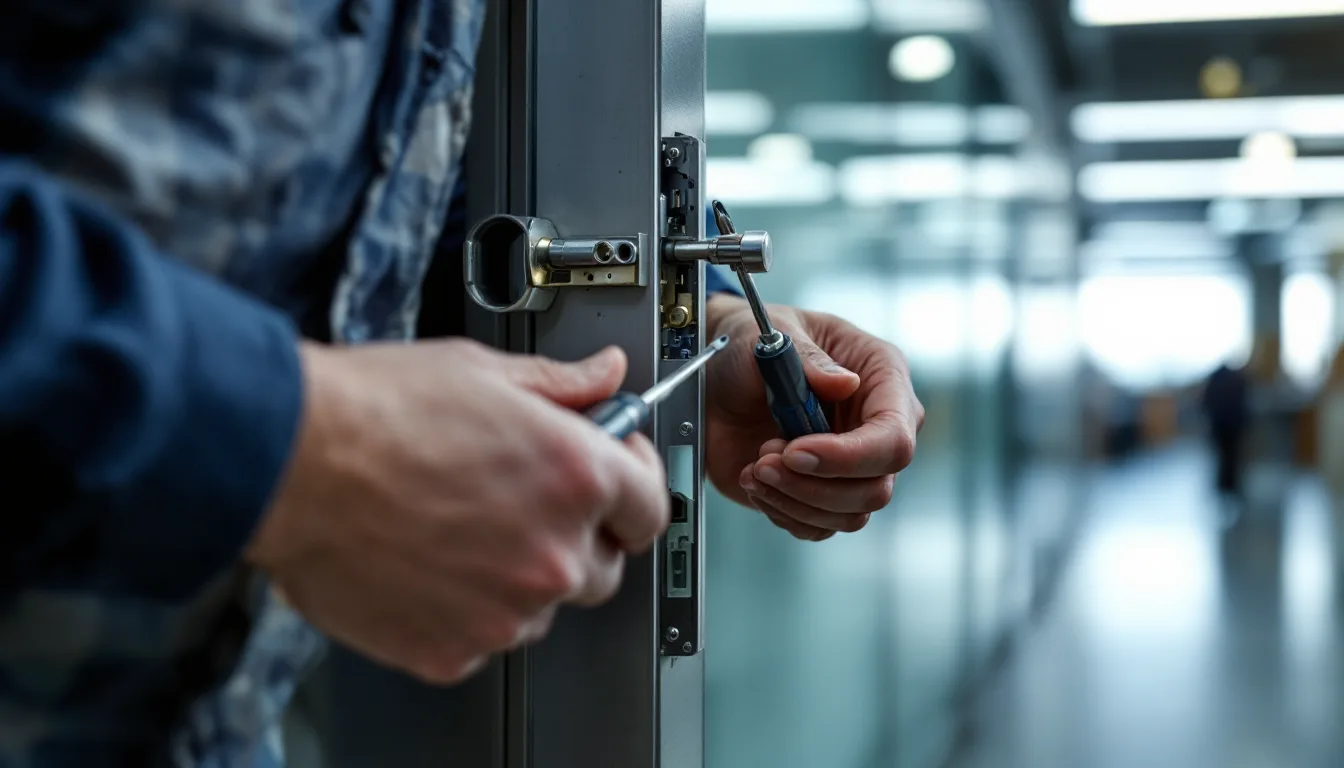 Technician servicing a mortise lock body on a commercial steel door
