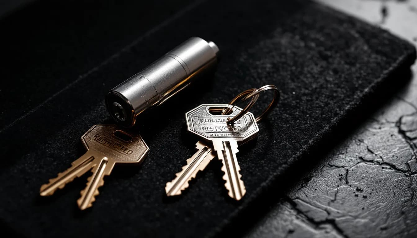 High-security cylinder and dimple keys on a dark workbench