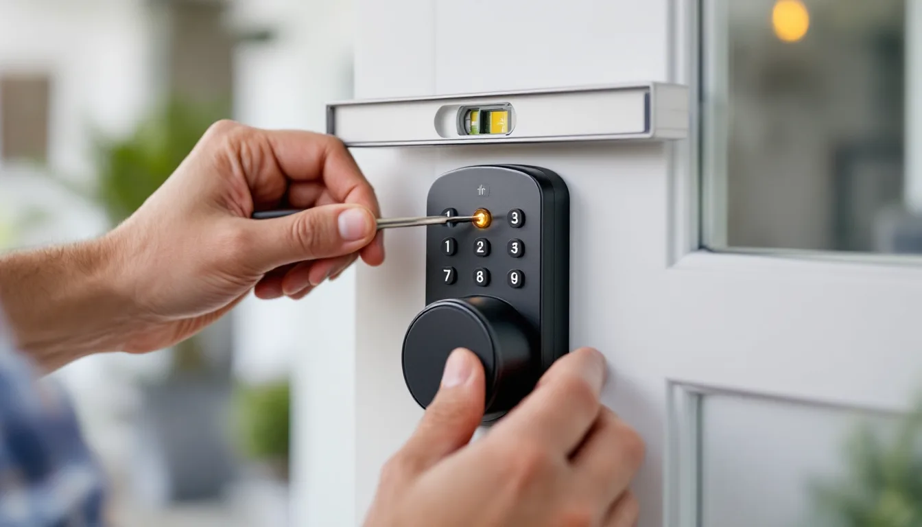 Keypad smart deadbolt being mounted on a modern front door